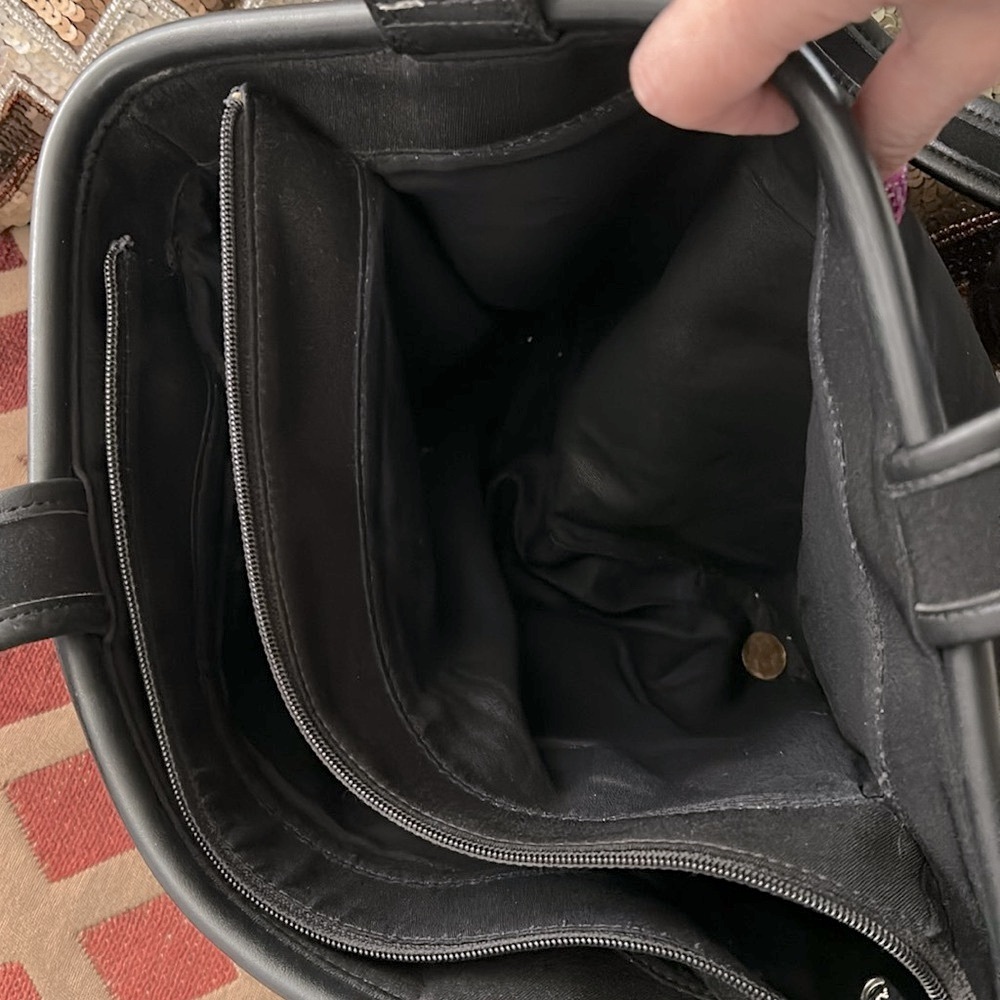 Ann Klein Black Tote hand bag vintage fabric faux leather 3 compartments, large - Picture 12 of 17